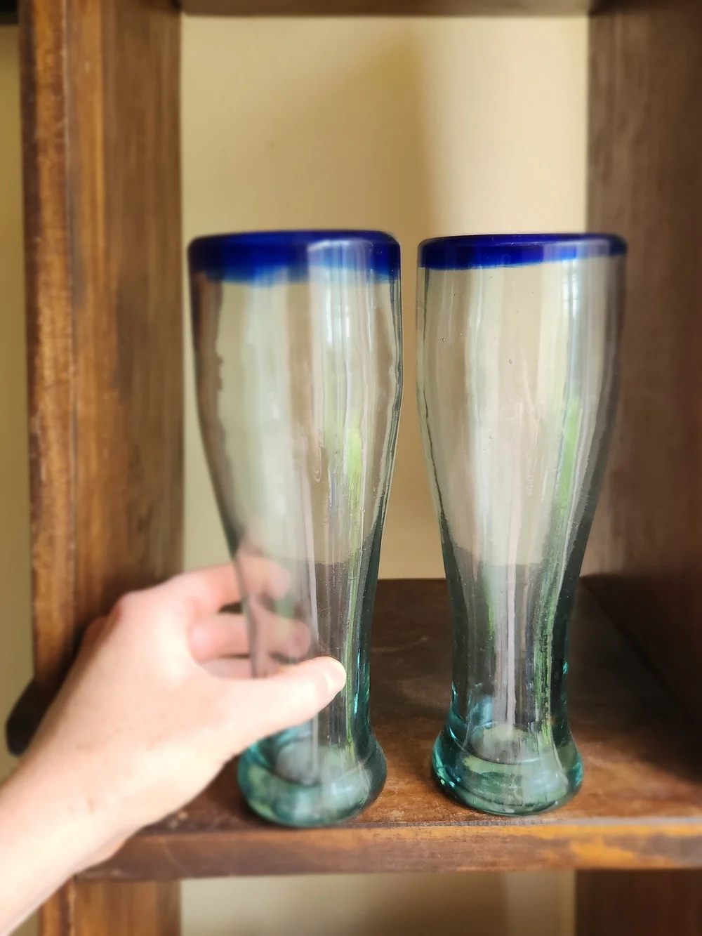 Handblown Glass Pilsner Set with Blue Rim